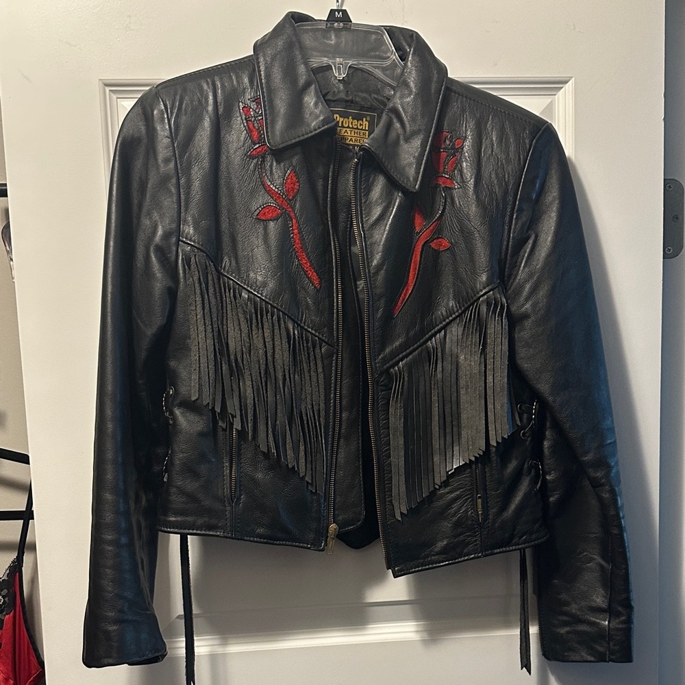 Black Leather Jacket with Red Suede Roses